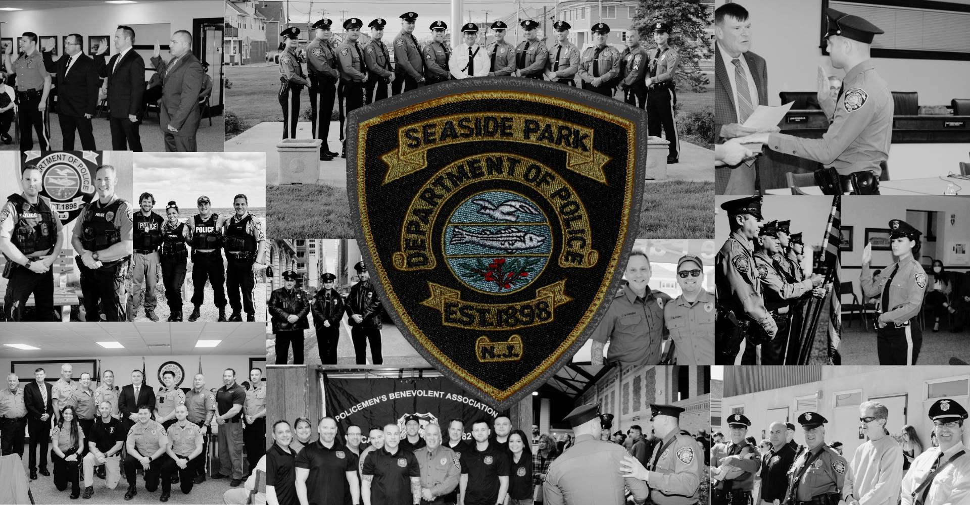 Seaside Park Police Badge surrounded by many group photos of officers